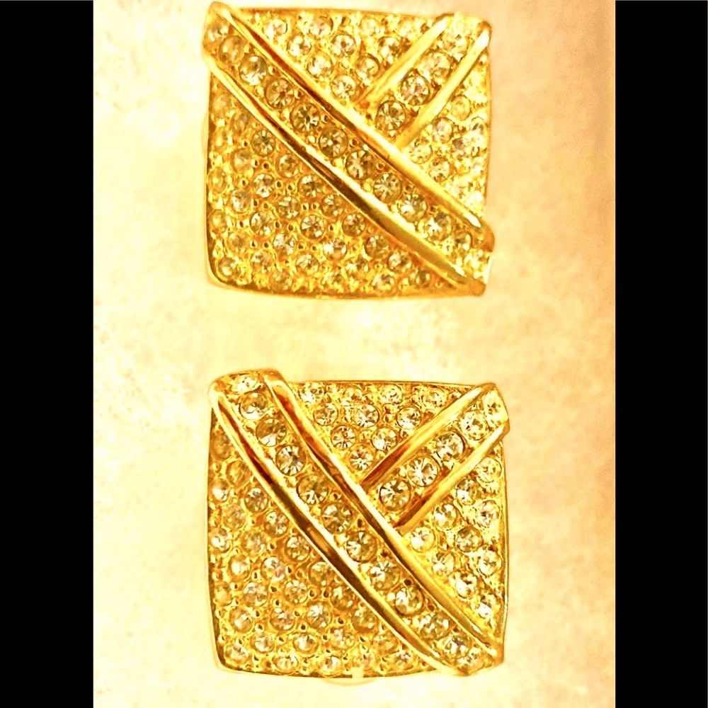 RARE Signed Christian Dior Vintage Deco Square Clip On Earrings